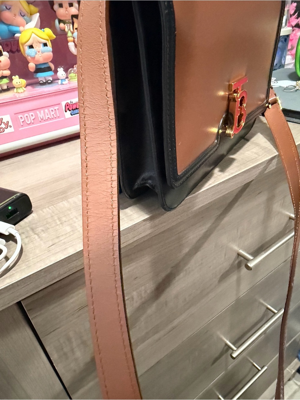 Burberry Brown Leather Shoulder Bag with Black Trim and Red TB Monogram - Picture 2 of 13